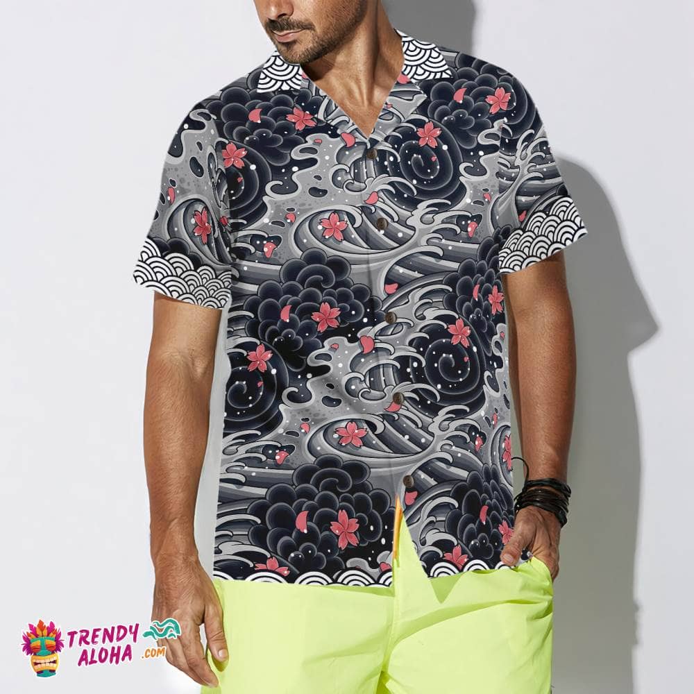 Japanese Red Flower Waves Hawaiian Shirt, Black And White Japanese Red Flower Waves Hawaiian Shirt, Black And White