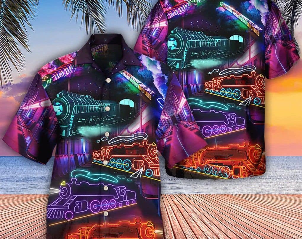 Train Neon Art Night Life, Hawaii Shirt Party Summer, Tropical Beach Shirt  Button Down Shirt, Best Gifts For Men, Hawaiian Set Gift. - Trendy Aloha